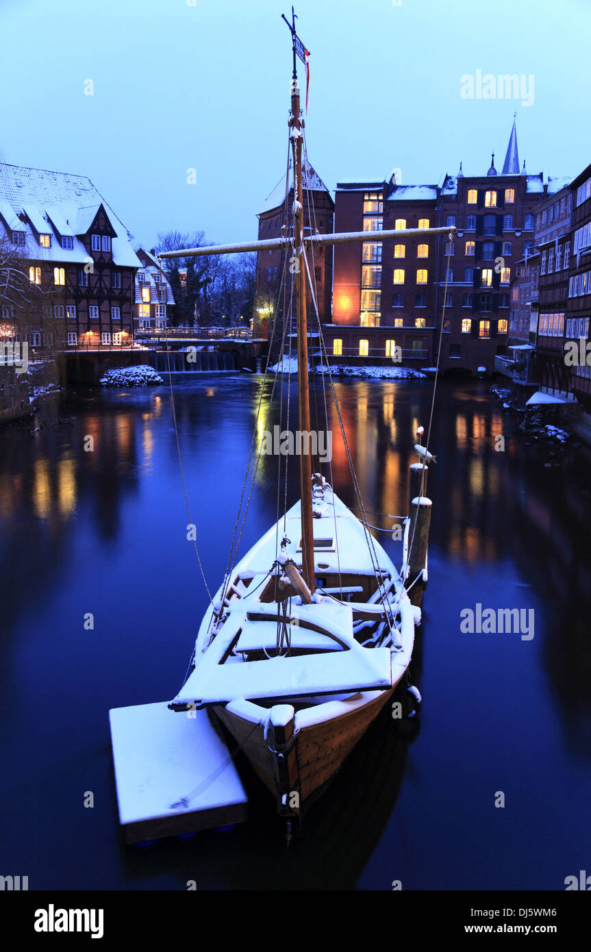 Traditional old boat at river Ilmenau, historic harbour, Lueneburg, Lüneburg, Lower Saxony, Germany Stock Photo