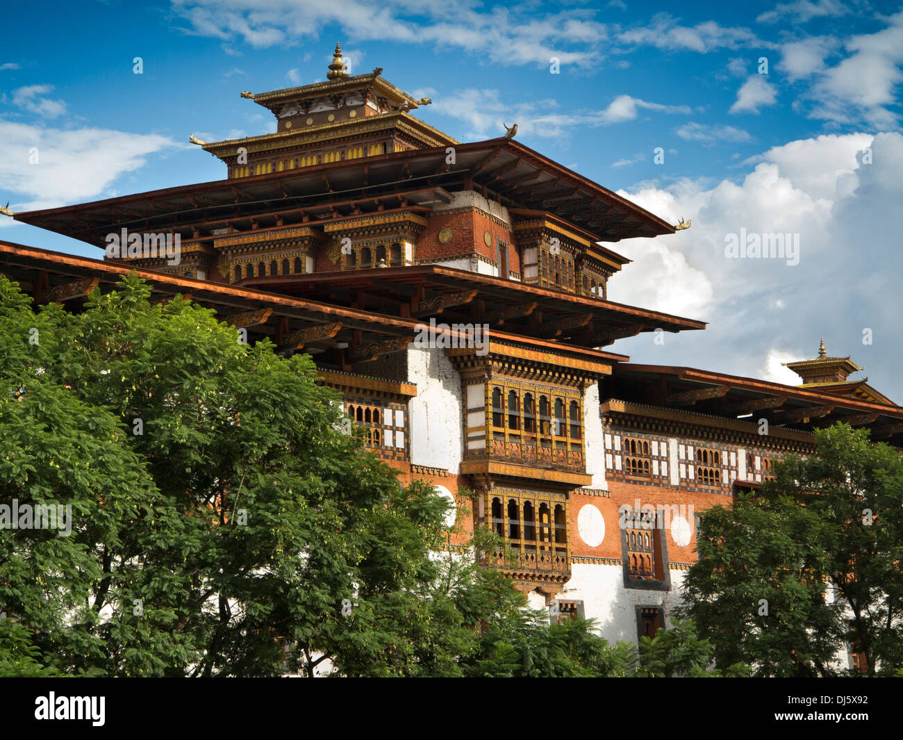 Bhutan, Punakha Dzong, Monastery prayer hall tower, decorated wooden structure Stock Photo