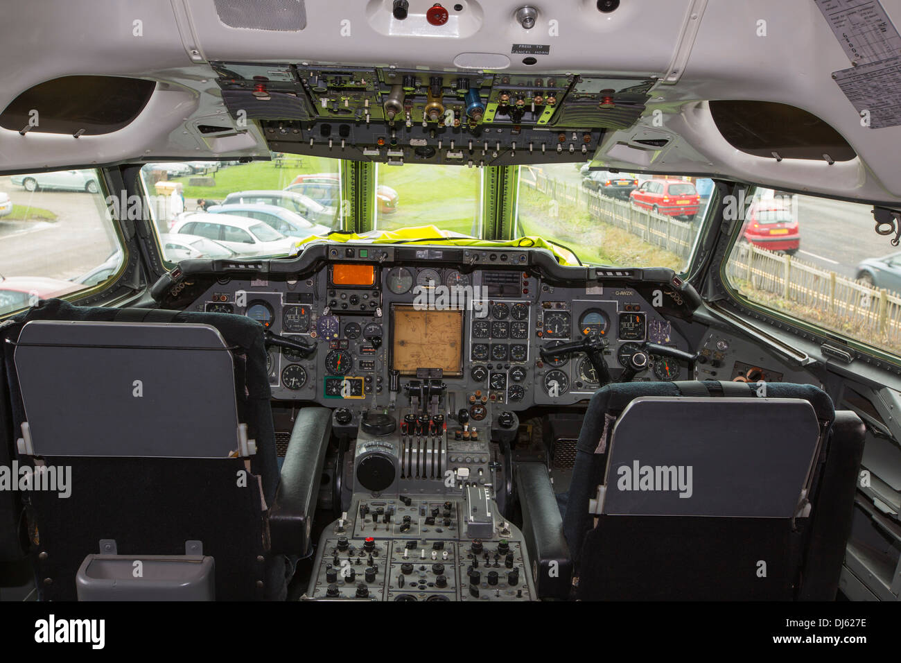 The flight deck in the cabin of an old Trident airplane at Manchester airport, UK. Stock Photo