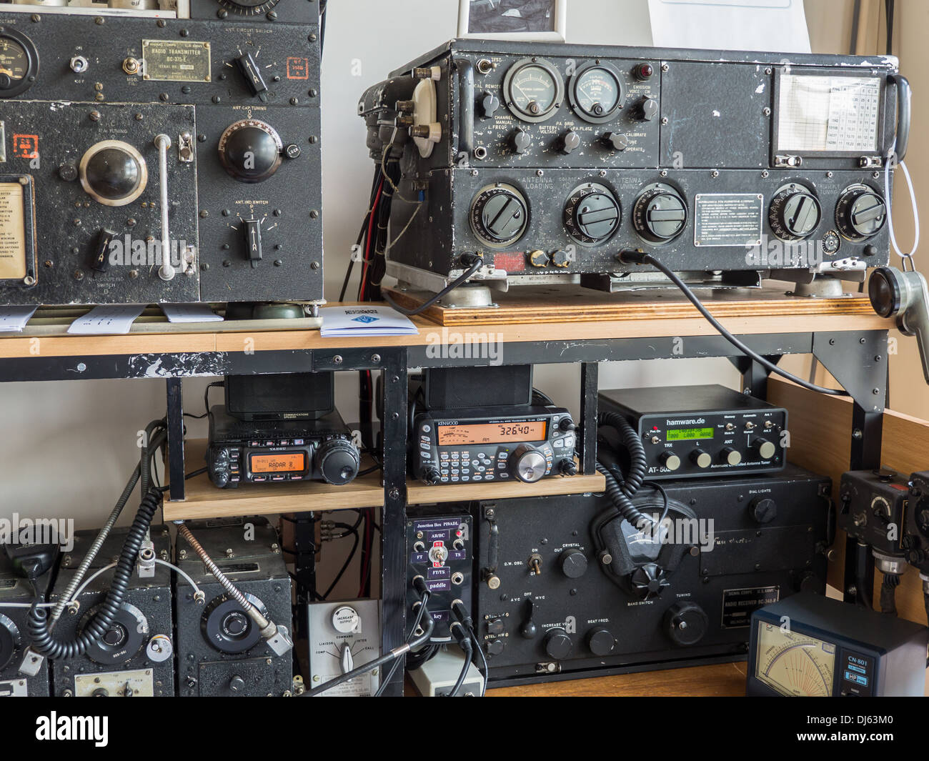 Vintage radio transmitter units on display in the permanent Stock Photo