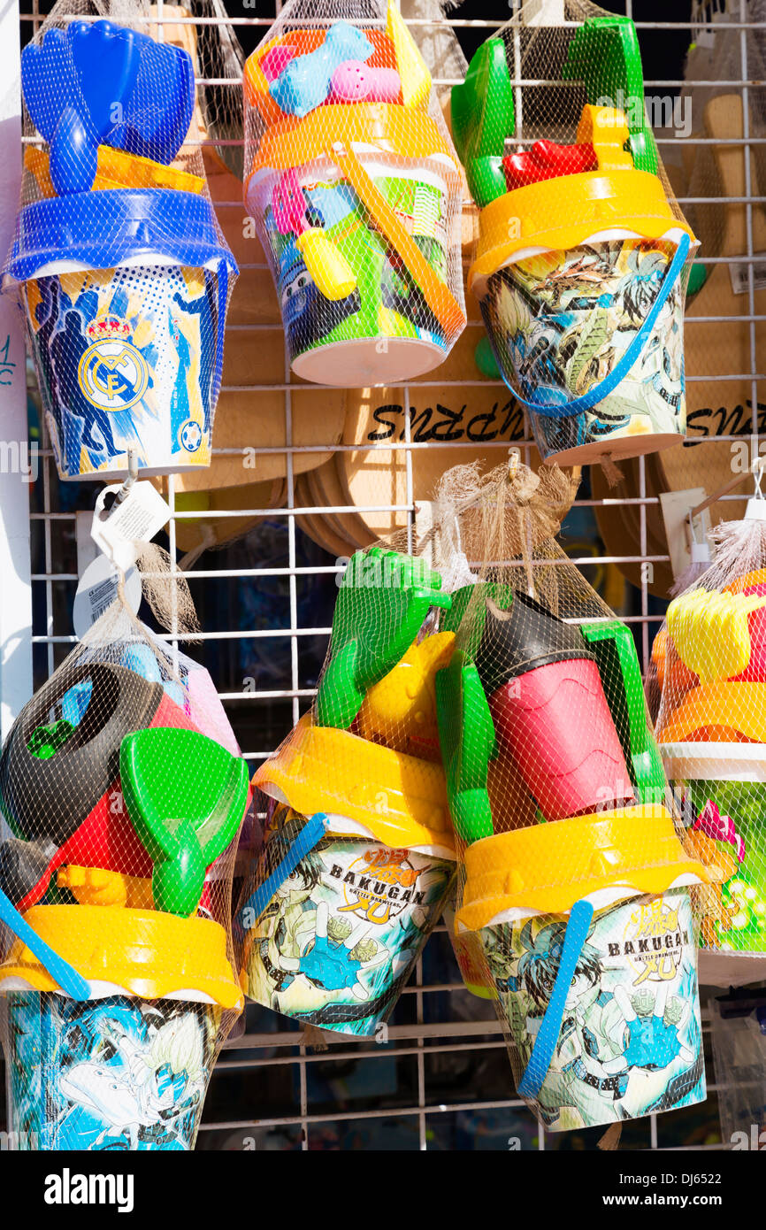 Shop display of seaside buckets and spades. Protarus, Cyprus Stock