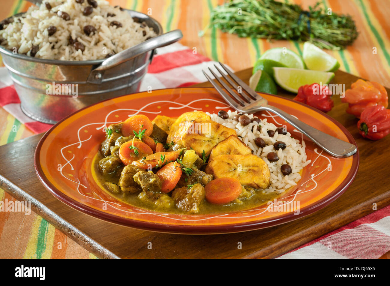 Curry goat with rice and gungo peas. Jamaica Food Stock Photo Alamy