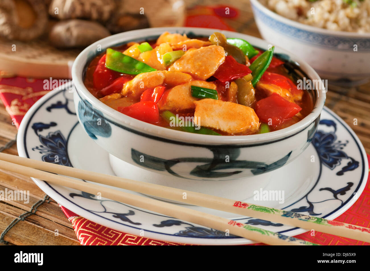 Sweet and sour chicken with egg fried rice. Chinese food. Stock Photo