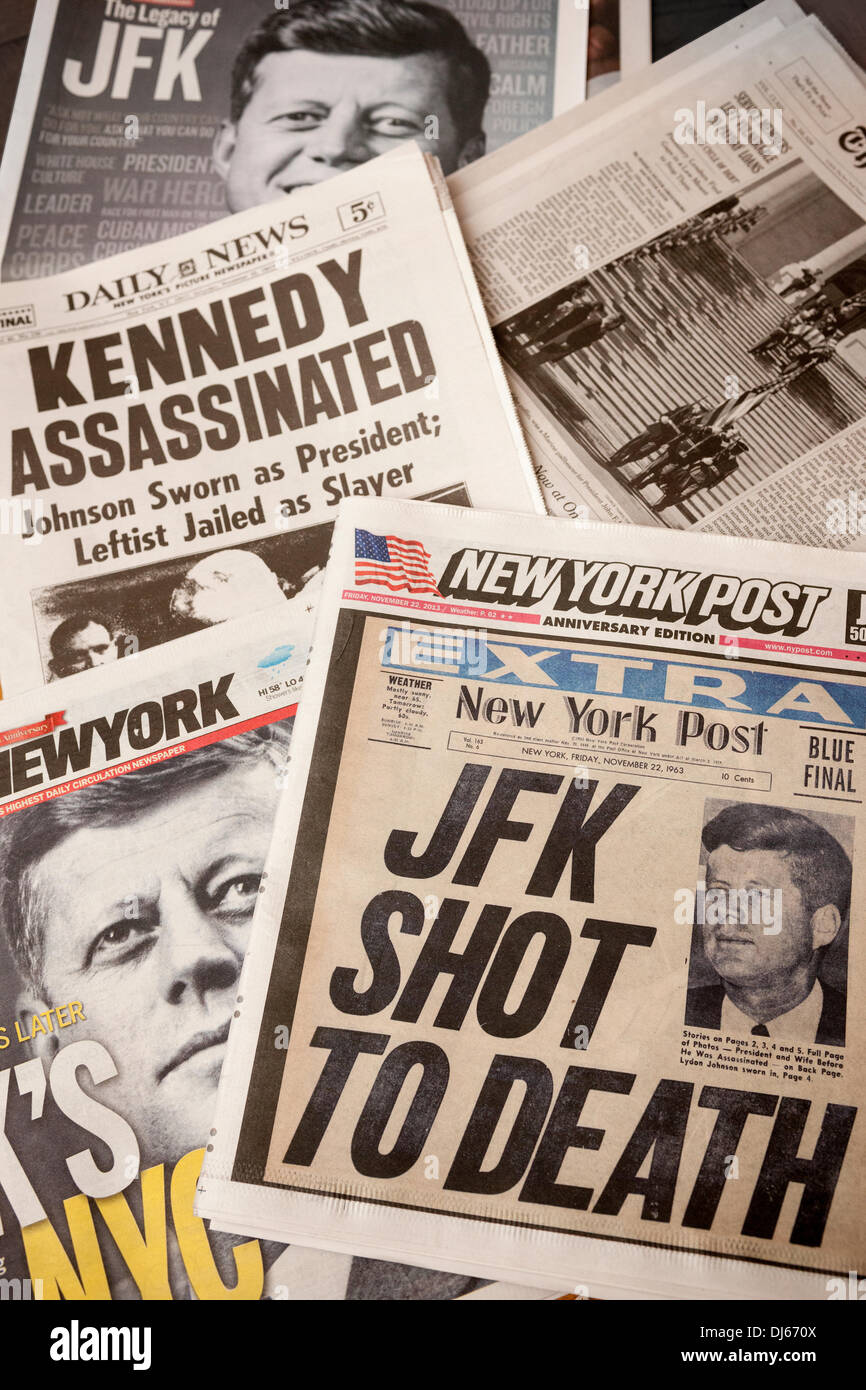 New York, USA. 22nd November 2013. The front pages of New York, on Friday, November 22, 2013 newspapers feature stories on the 50th anniversary of the John F. Kennedy assassination. The New York Daily News reprinted a complete reproduction of their Saturday, November 23, 1963 edition, the day after the assassination.  Credit:  Richard B. Levine/Alamy Live News) Stock Photo