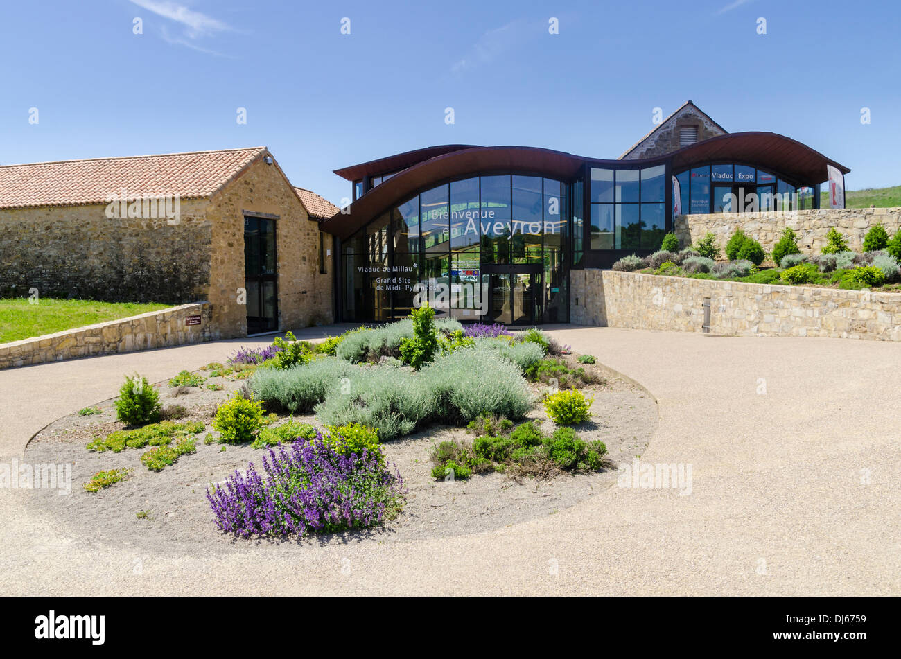 Aveyron visitor centre in the rest area of Brocuejouls and at the Millau Viaduct, near the town of Millau in southern France Stock Photo