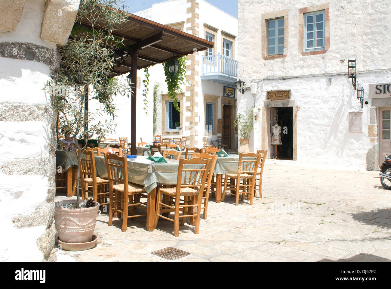 A village square view of Chora (Hora) the capital of Patmos Island, Greece Stock Photo