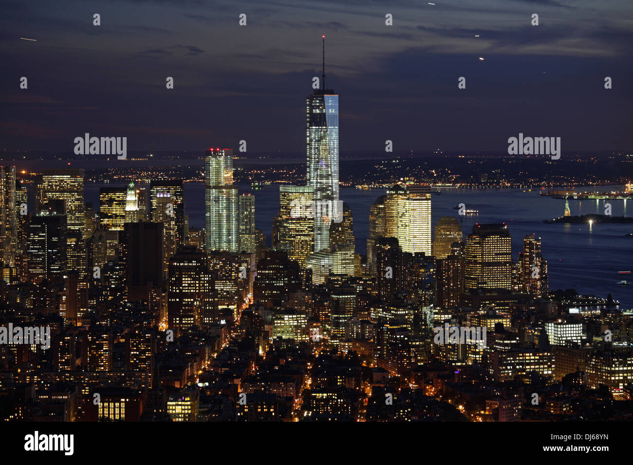Aerial view new york city skyscrapers empire state building night hi ...
