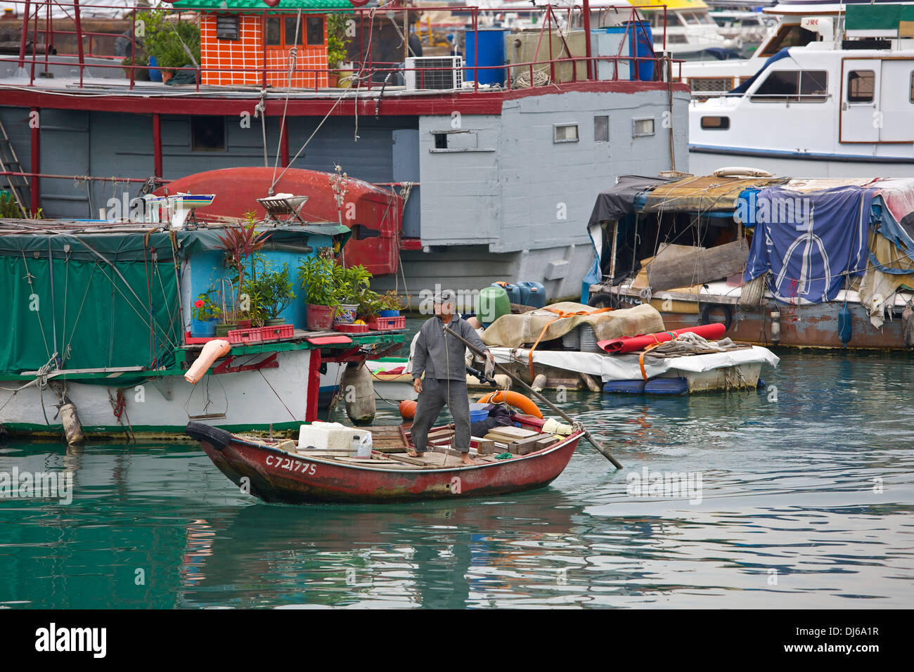 Chinese Man rows across the Typhoon Shelter early in the morning, Causeway Bay, Hong Kong. Stock Photo