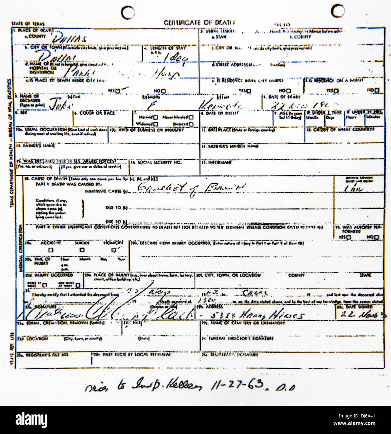 Dallas, Texas, USA. 22nd Nov, 2013. The state of Texas death certificate for President John F. Kennedy. Credit:  Brian Cahn/ZUMAPRESS.com/Alamy Live News Stock Photo