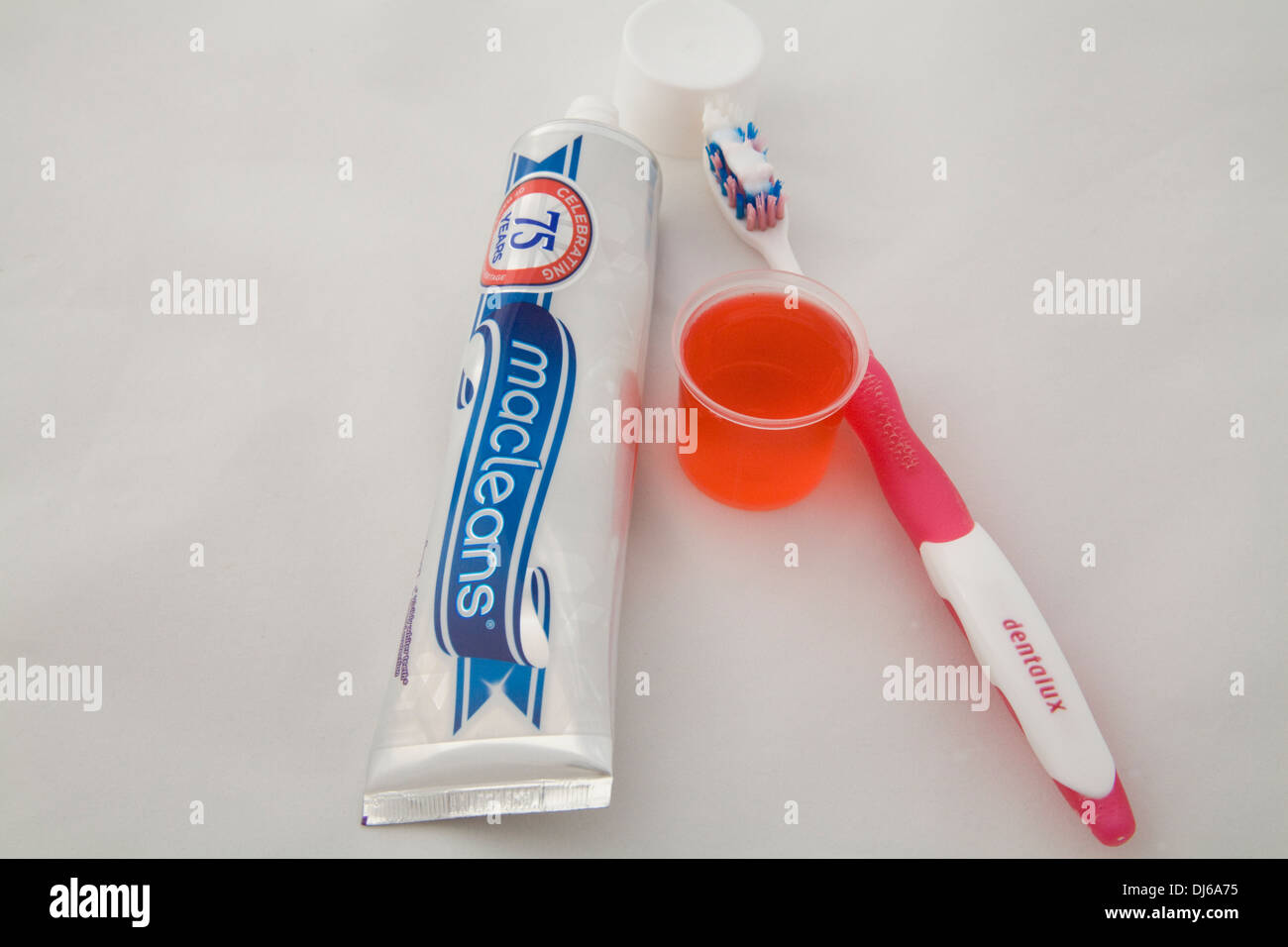 Close up Oral hygiene products tube toothpaste toothbrush and mouthwash