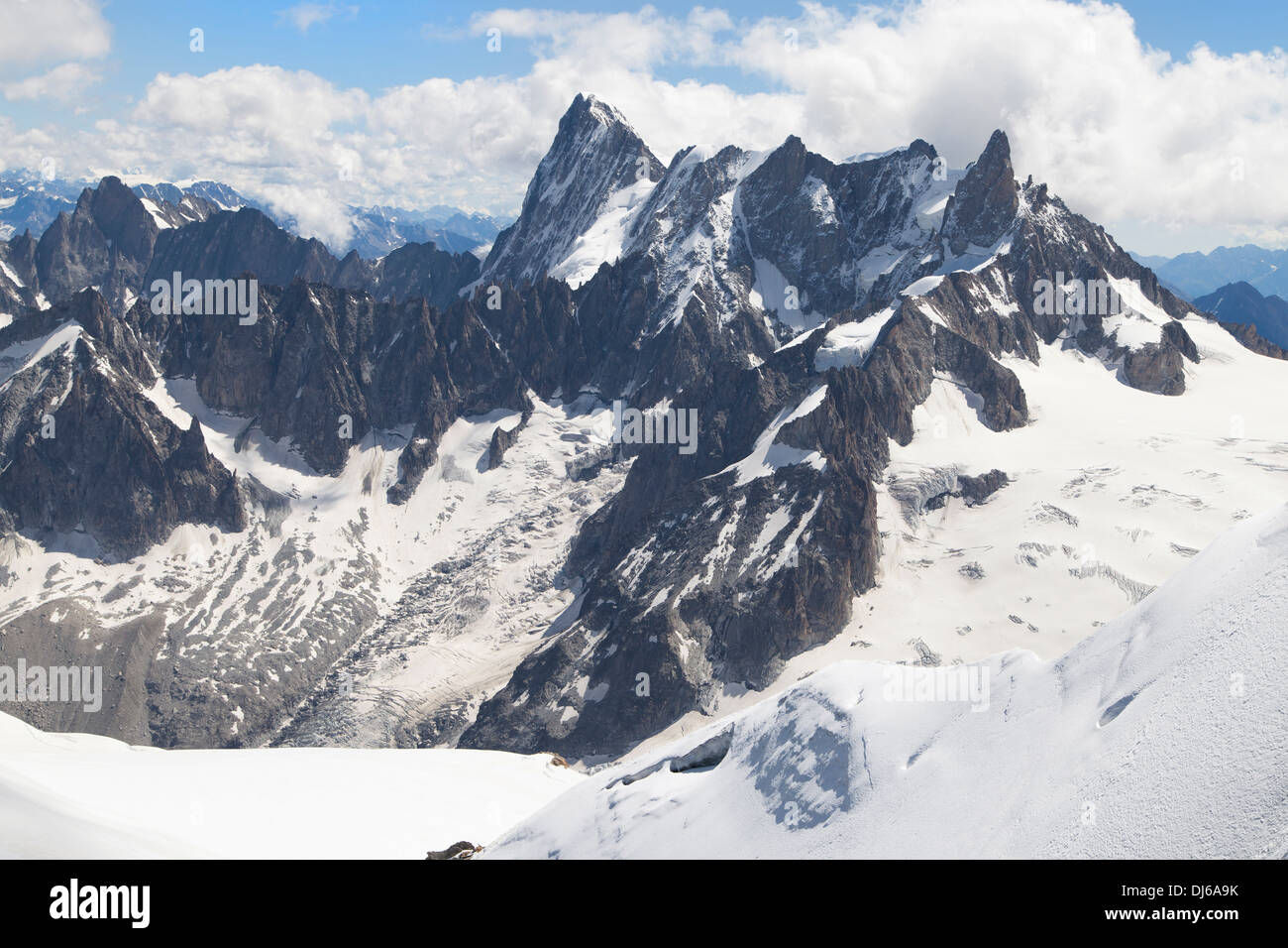 Grandes Jorasses and Dent du Geant mountains in the Mount Blanc massif, French Alps. Stock Photo