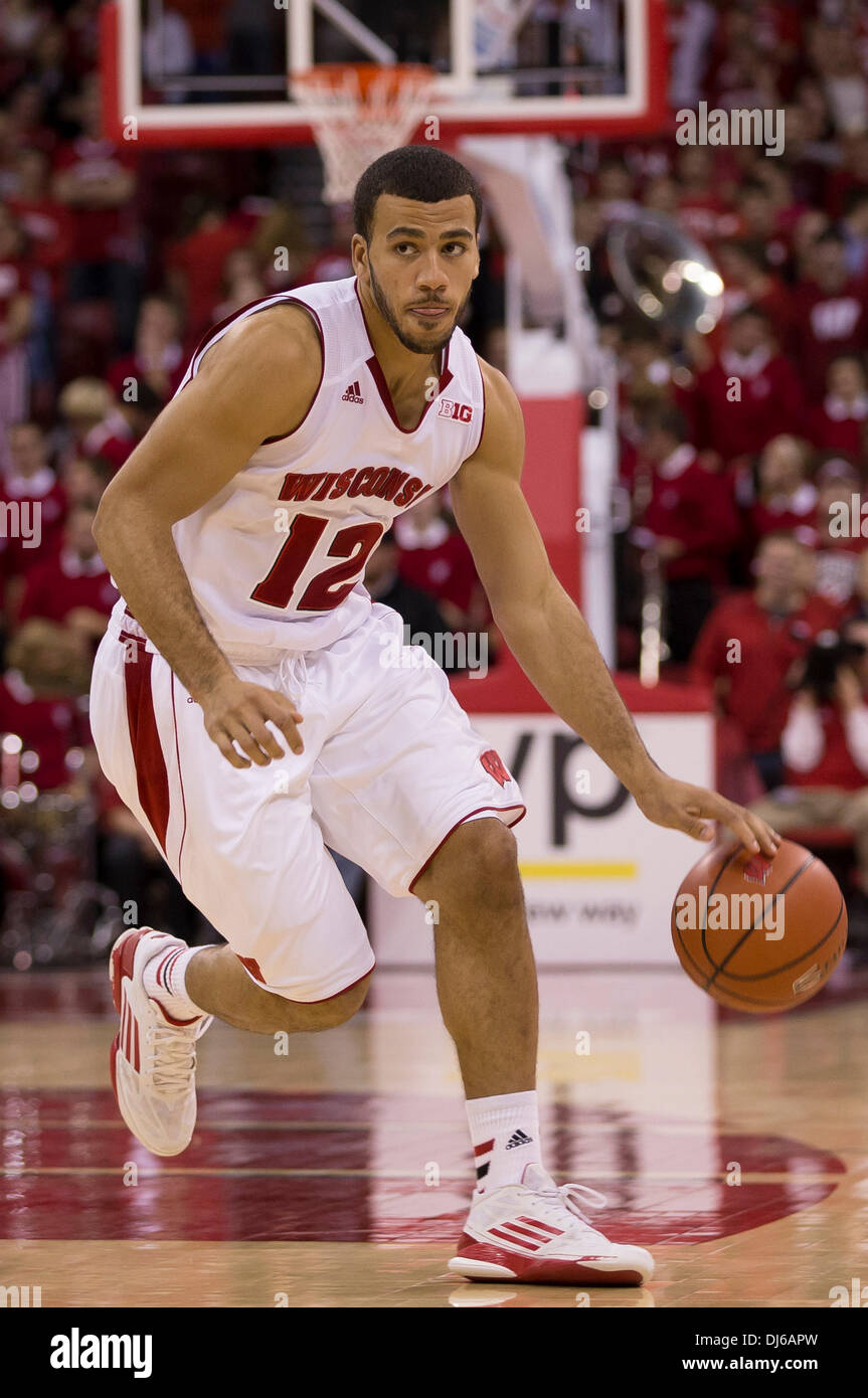 Madison, Wisconsin, USA. 21st Nov, 2013. November 21, 2013: Wisconsin Badgers guard Traevon Jackson #12 brings the basketball up court during the NCAA Basketball game between the Bowling Green Falcons and the Wisconsin Badgers at the Kohl Center in Madison, WI. Wisconsin defeated Bowling Green 88-64. John Fisher/CSM/Alamy Live News Stock Photo