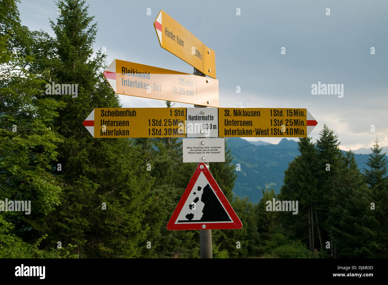 Europe. Switzerland, Canton Bern. Bernese Oberland, Interlaken. Direction sign Stock Photo