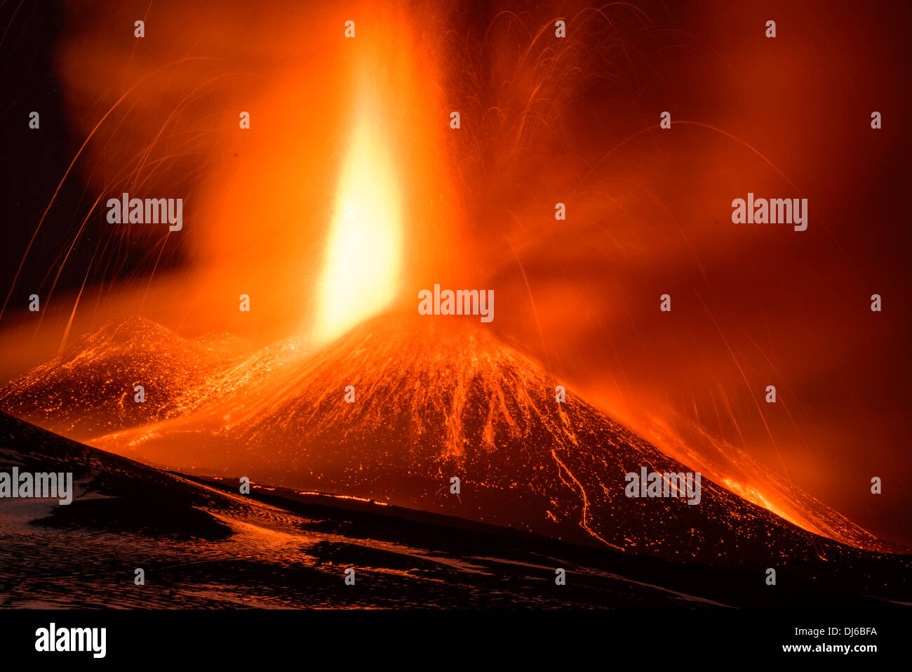 Eruption of Mt Etna volcano in November 2013, nighttime violent