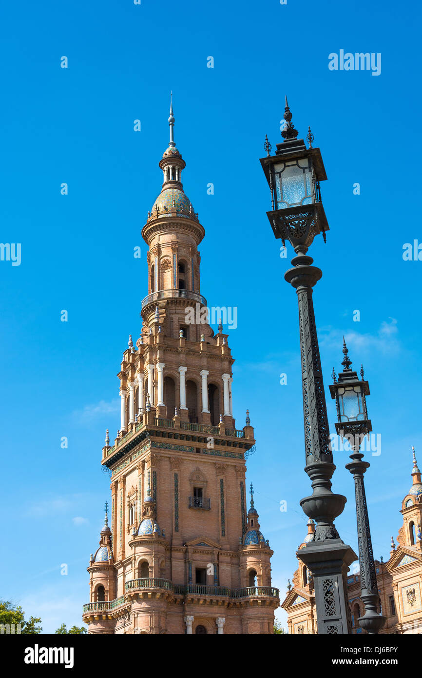 Clock tower at Plaza de Espana in the center of Seville, Spain a major