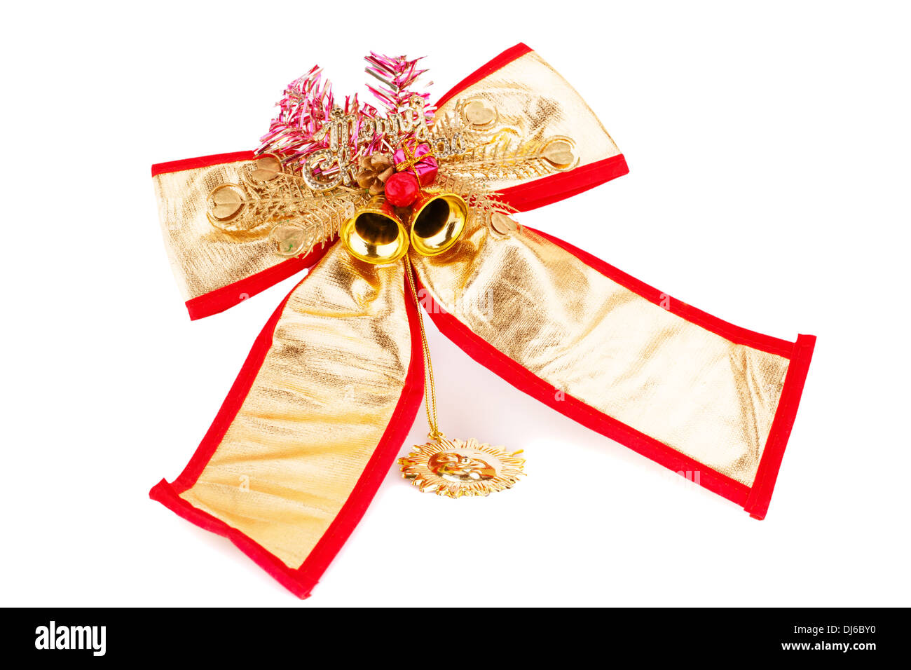 Christmas ribbon decoration with bells isolated on white background