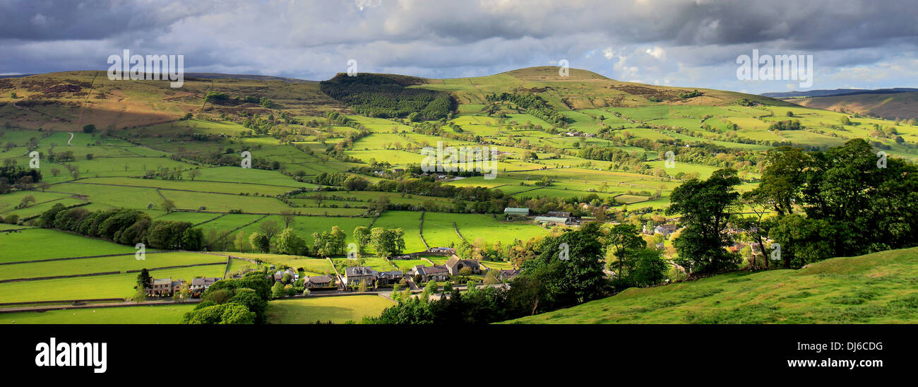 Hope Valley showing Mam Tor and Lose Hill ridge, Castleton village, Peak District National Park, Derbyshire Dales Stock Photo