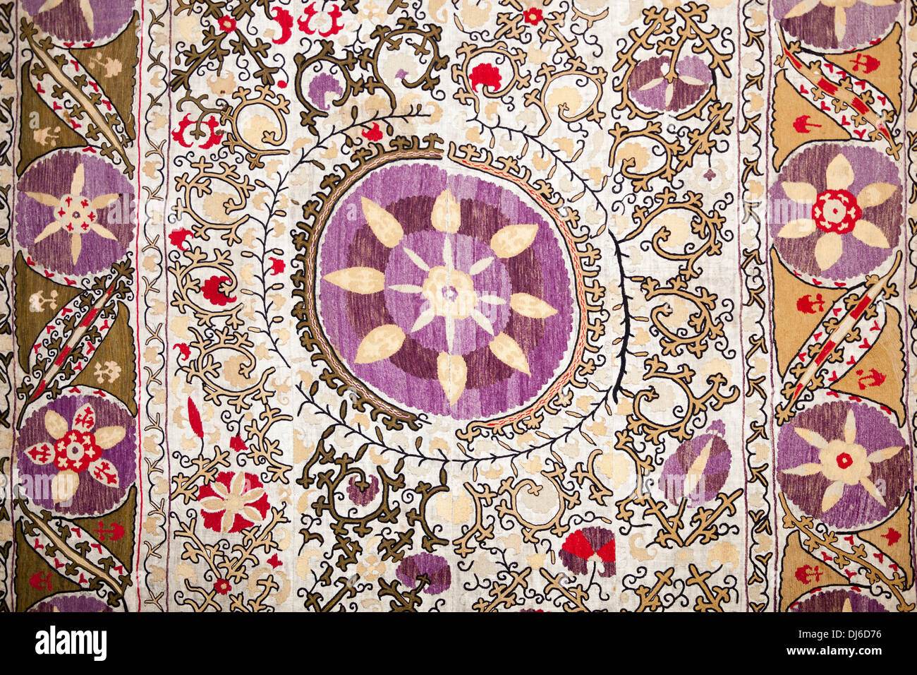 A Suzani textile from Bukhara, cotton hand embroidered needlework, Museum of Applied Arts, Tashkent, Uzbekistan Stock Photo