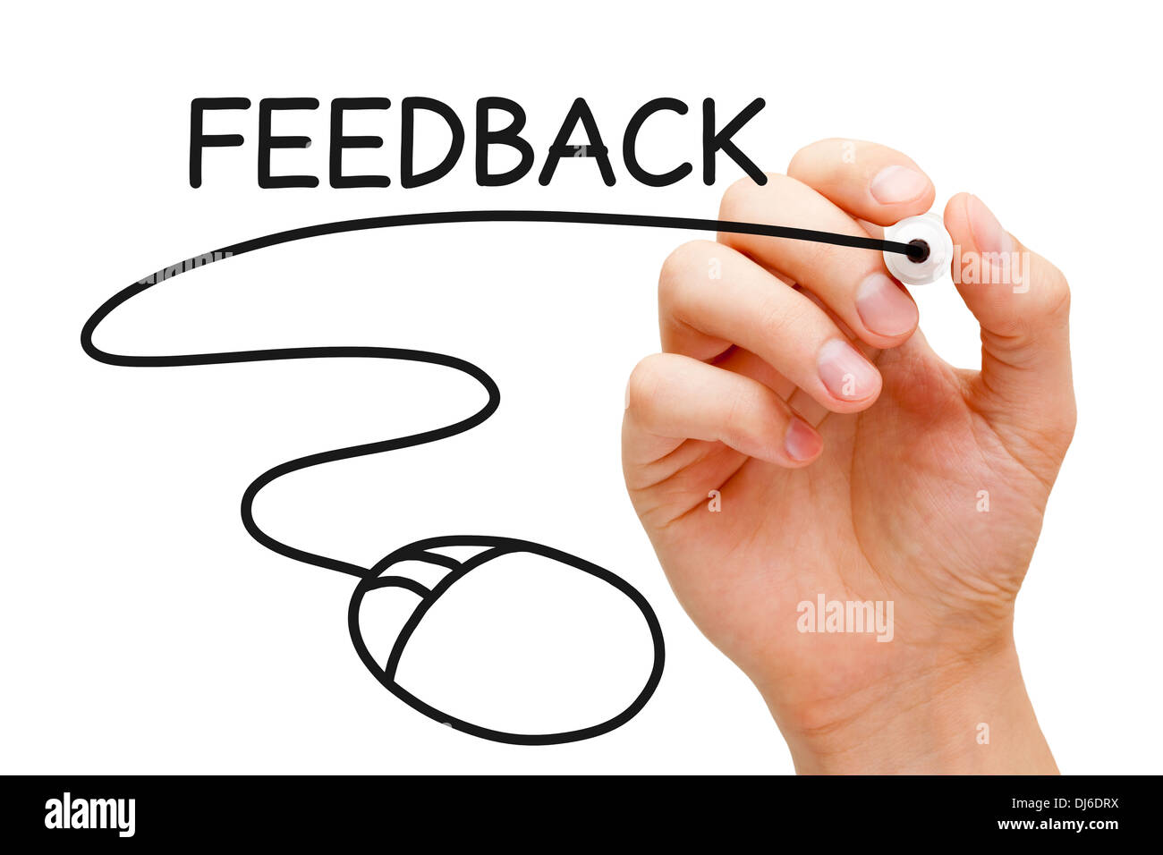 Hand sketching Feedback Mouse Concept with black marker on transparent wipe board. Stock Photo