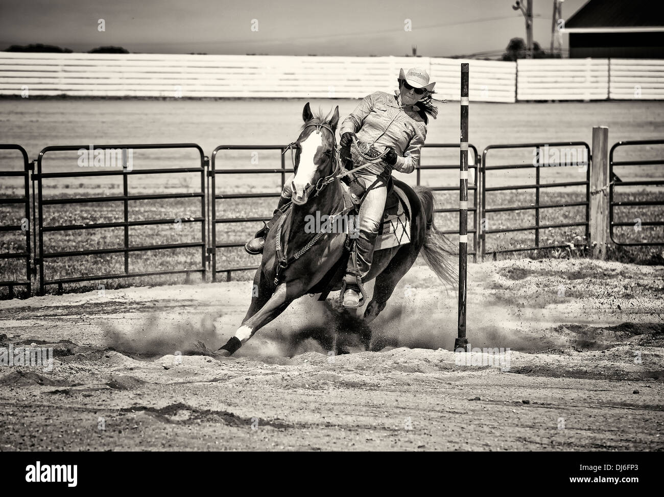 Western horse and rider competing in pole bending and barrel racing