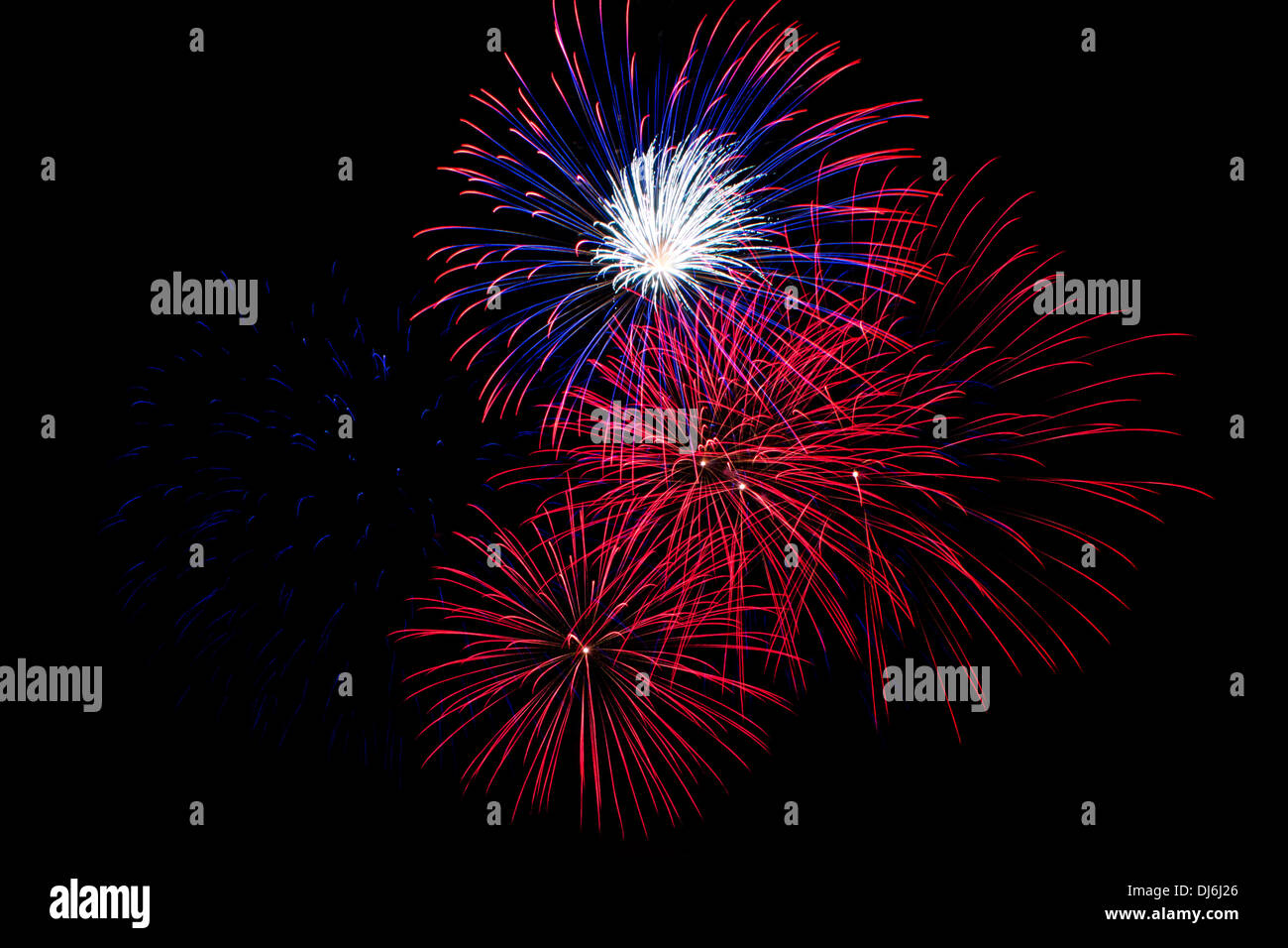 Red, White and Blue Fireworks on a Black Background Stock Photo