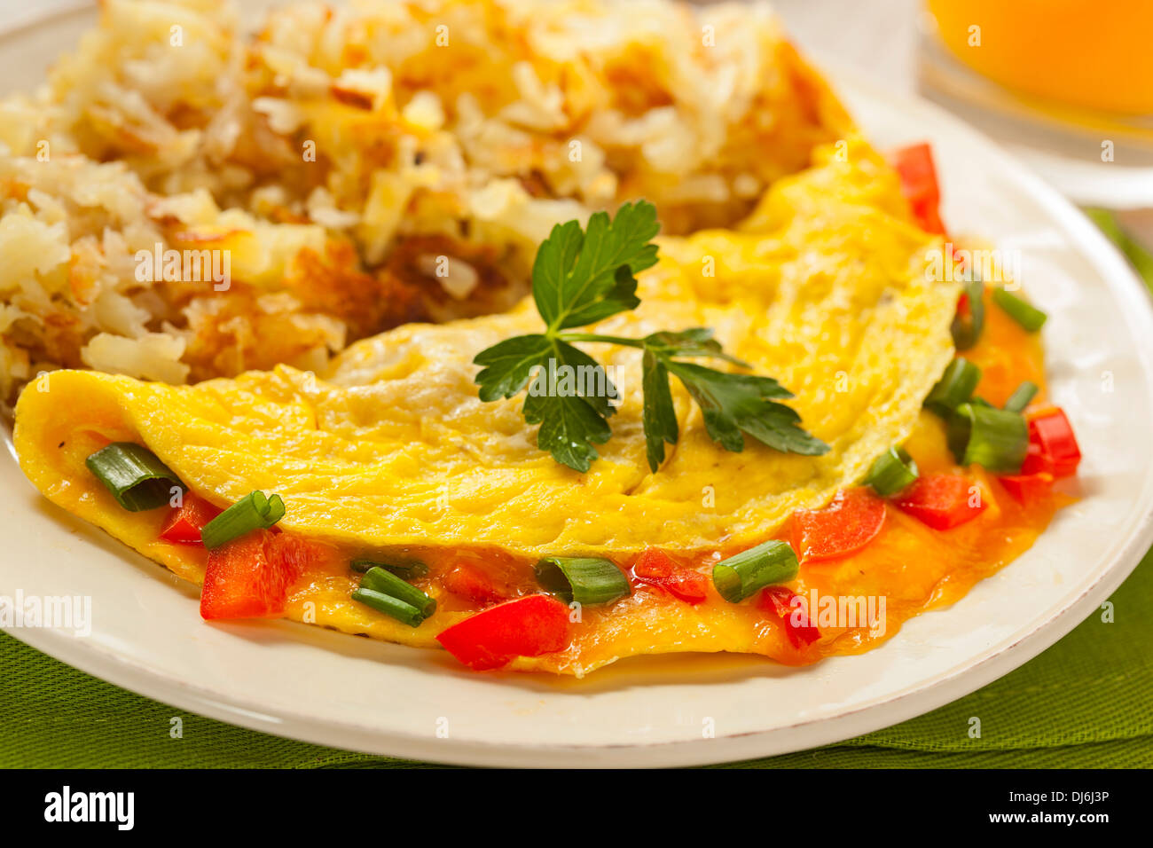 Homemade Organic Vegetarian Cheese Omelette with Onions and Peppers Stock Photo
