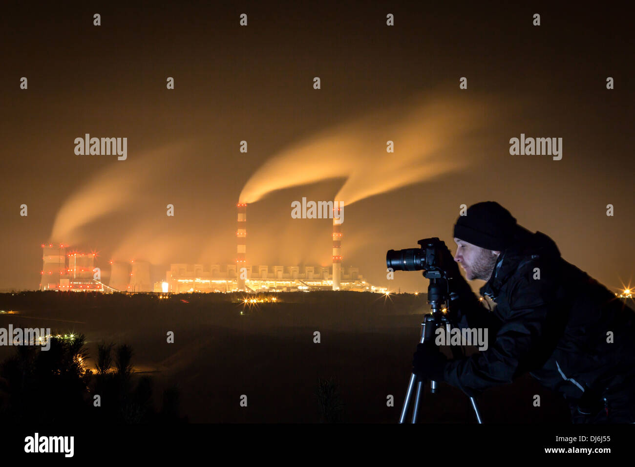 Photographing power plant at night - Belchatow Poland. Stock Photo