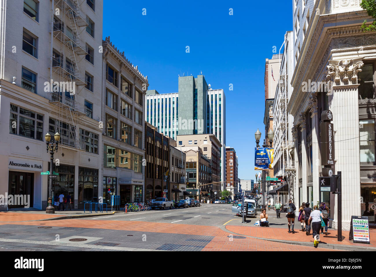 View down SW Broadway at SW Morrison Street in downtown Portland, Oregon, USA Stock Photo