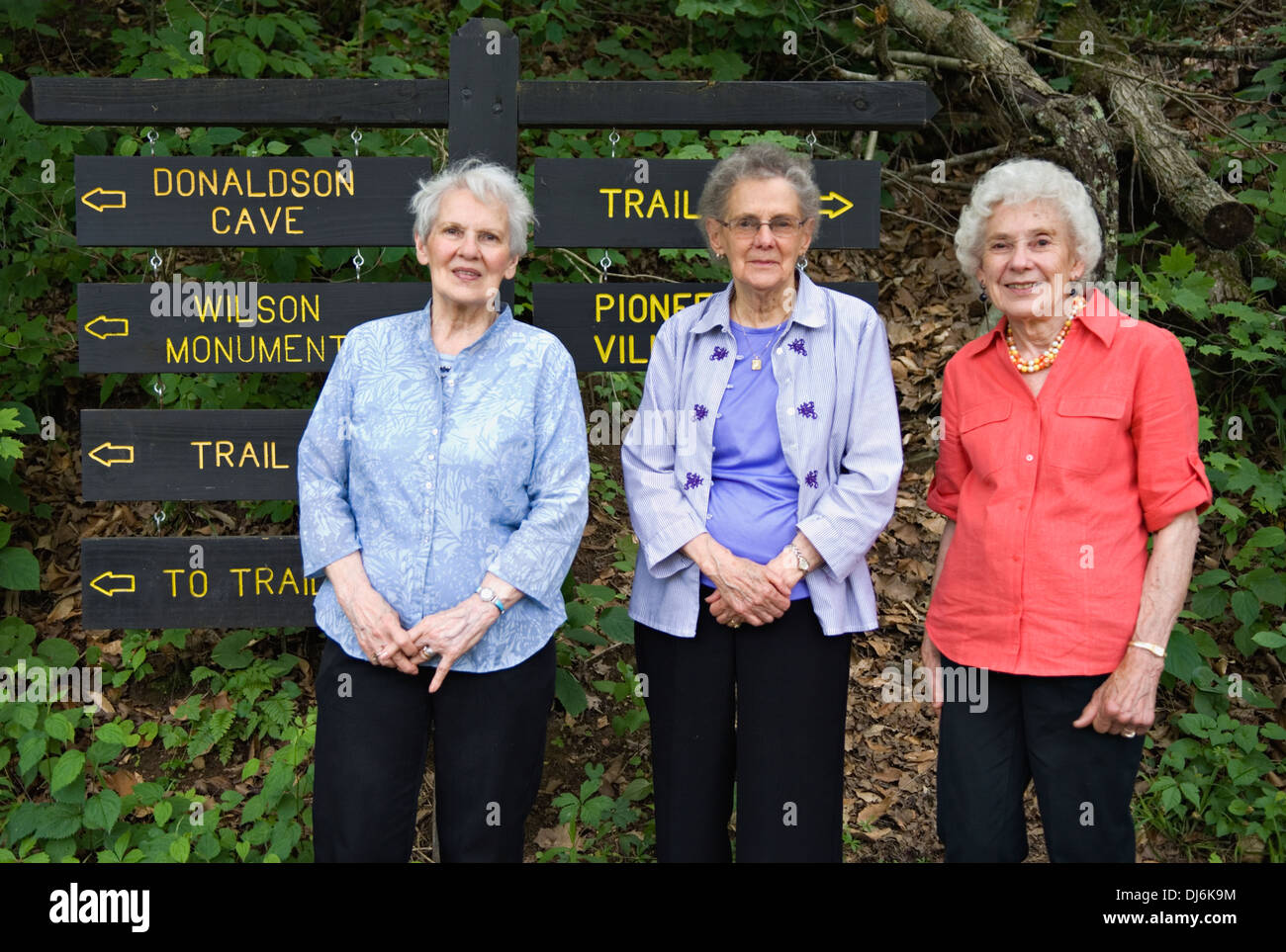 Three Sisters on Trail at Spring Mill State Park in Indiana Stock Photo