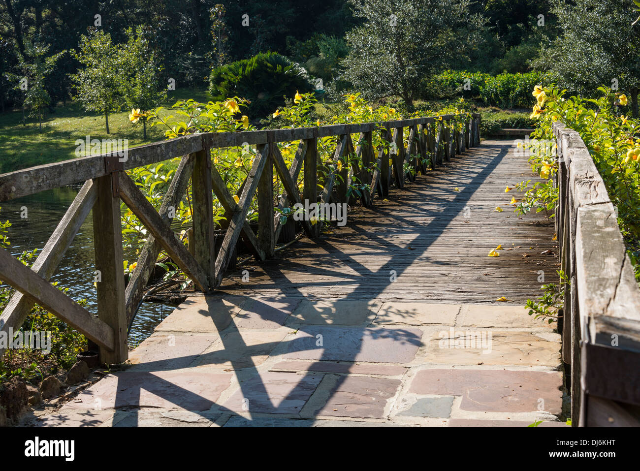 Bridge across Mirror Lake, Bellingrath Gardens, Theodore, Alabama. Stock Photo