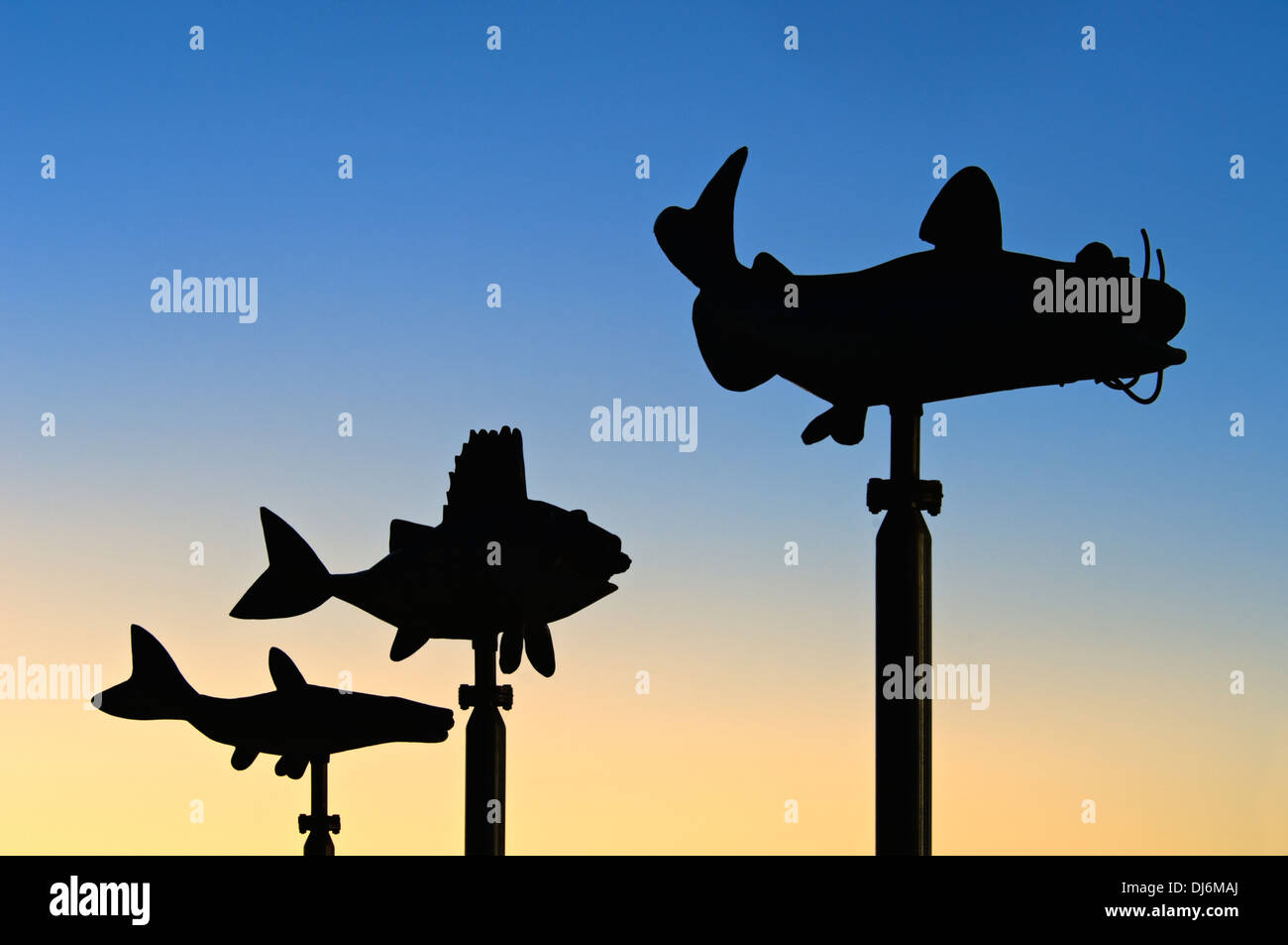 Three Fish Sculptures Sihouetted against Sunset at Waterfront Park in Louisville, Kentucky Stock Photo