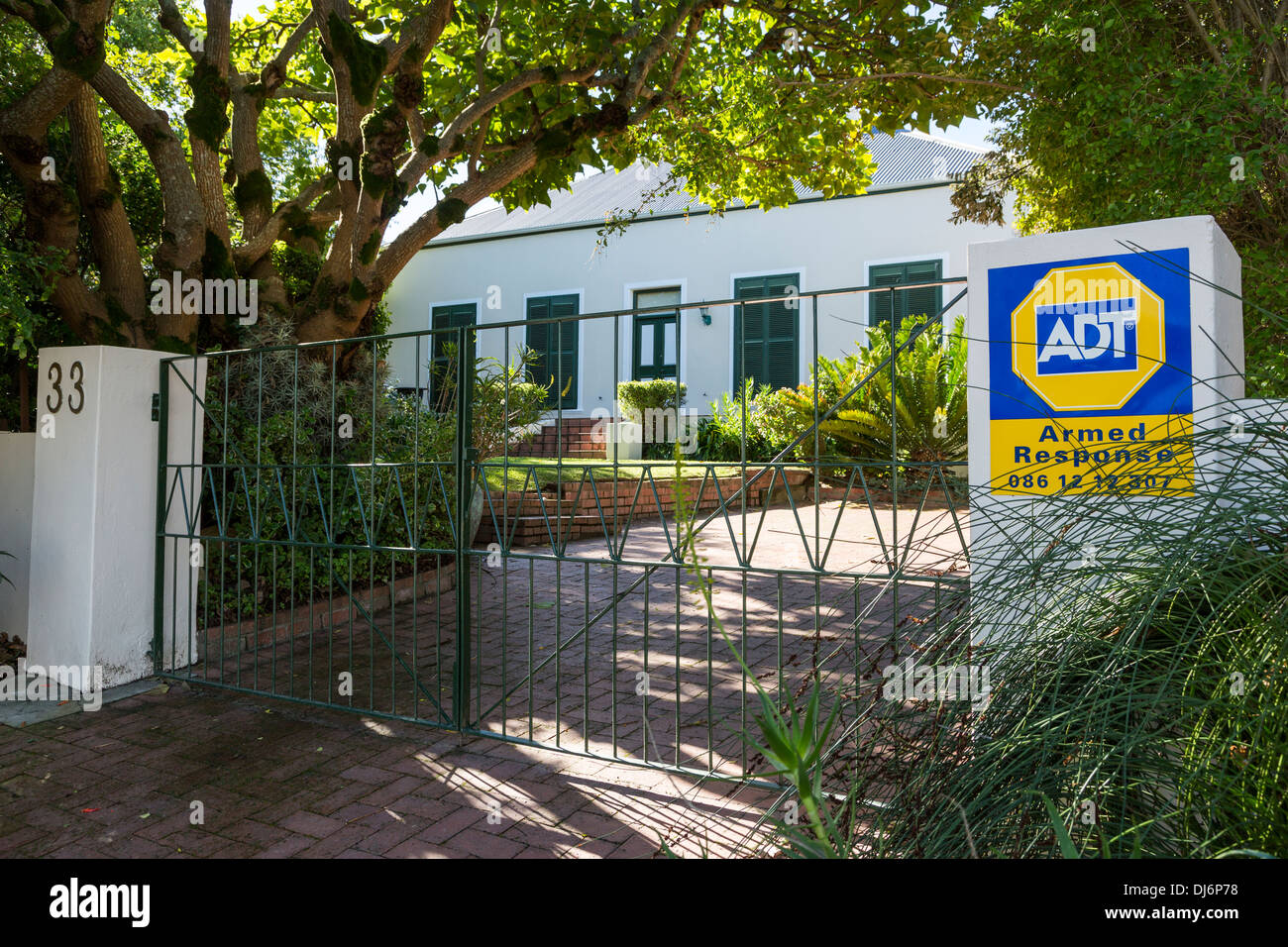 South Africa, Franschhoek. Security Alarm Service Sign in front of Residence Stock Photo Alamy