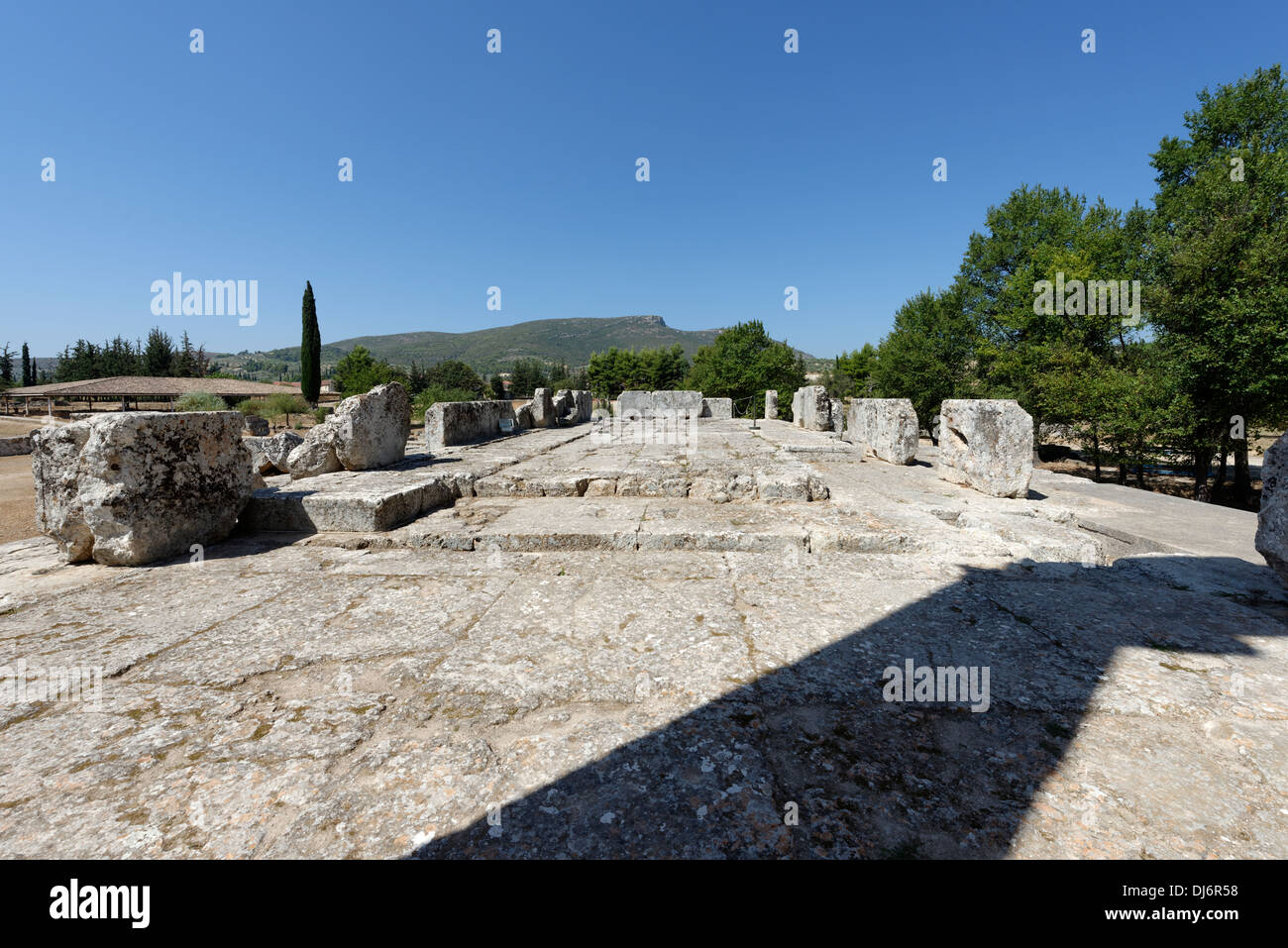 Cella of the the Temple of Zeus in the centre of the Sanctuary of Zeus at Nemea Peloponnese Greece. Stock Photo