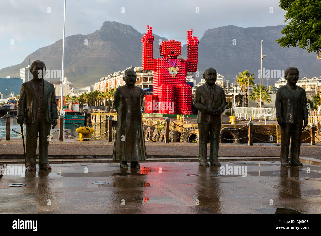 South Africa, Cape Town. Nobel Square Statues of Albert Luthuli, Desmond Tutu, FW de Klerk, and Nelson Mandela. Stock Photo