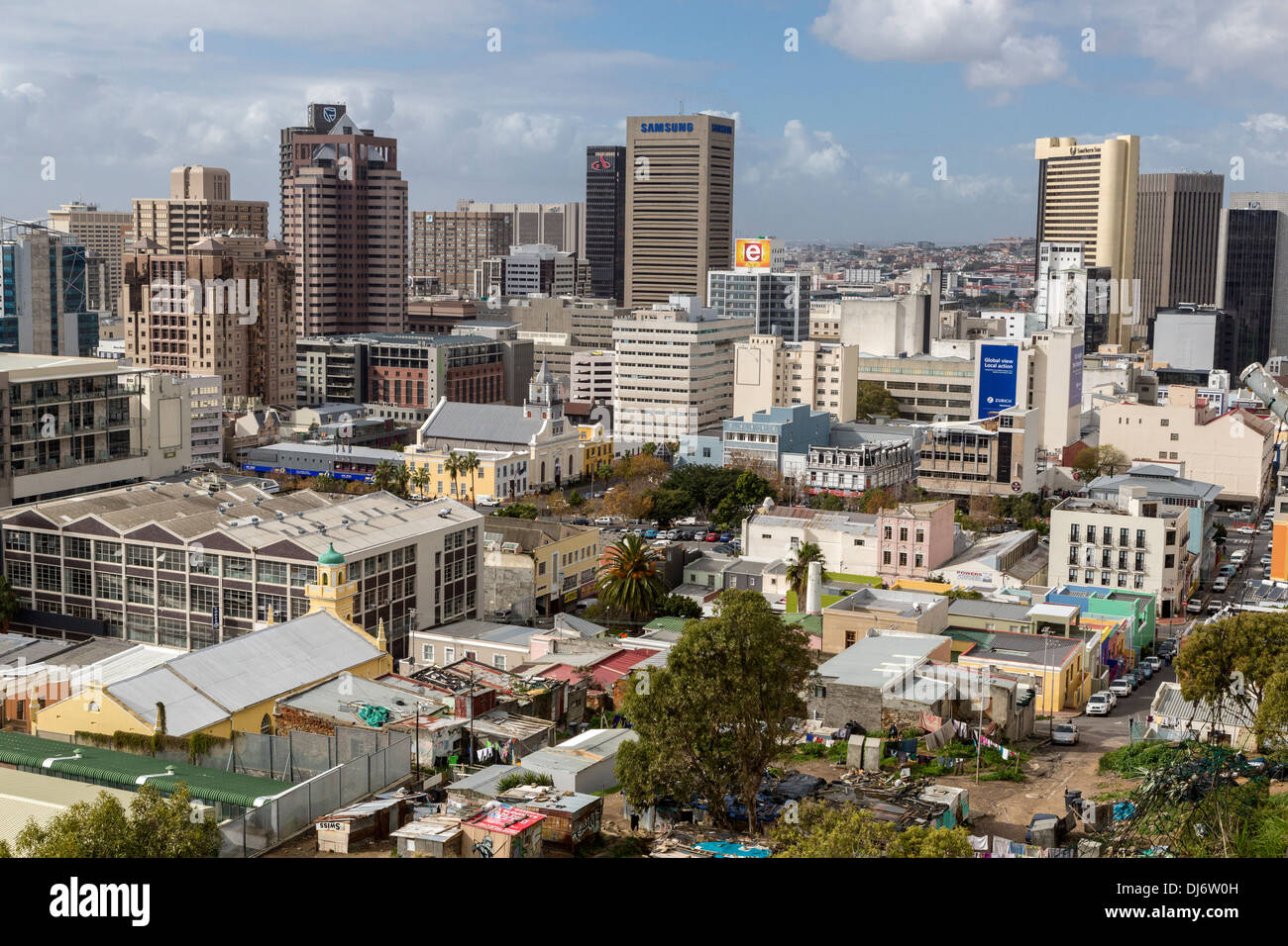 South Africa. Cape Town from Bo-kaap Hill. Shantytown housing at base of hill, in foreground. Stock Photo