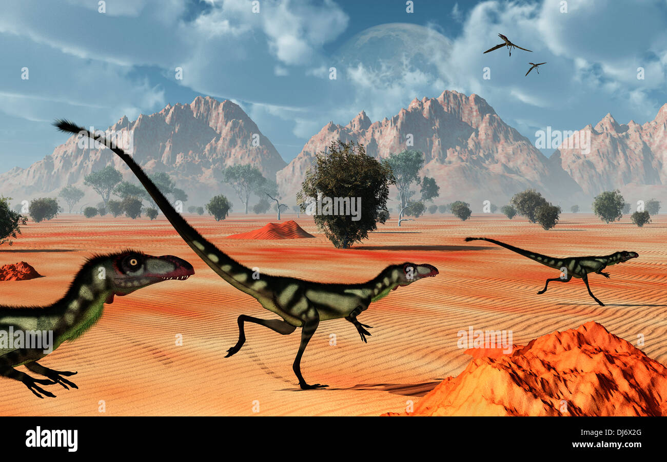 A Pack Of Dilong Dinosaurs Hunting Stock Photo Alamy