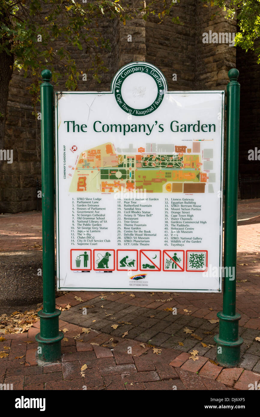 South Africa, Cape Town. Map to The Company's Garden, established in 1652 by the Dutch East India Company. Stock Photo