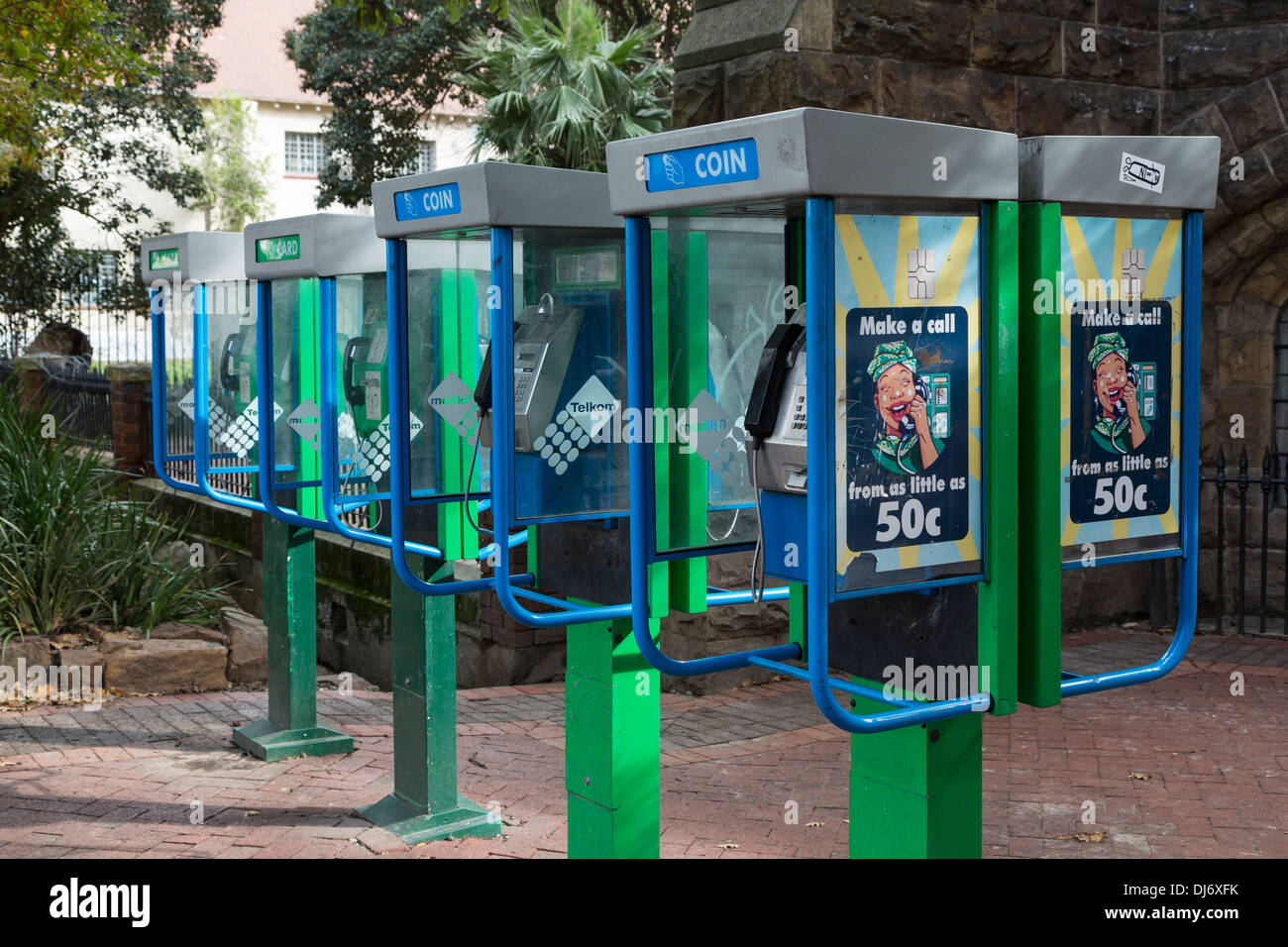 South Africa, Cape Town. Public, Coin-operated Pay Phones on the street, still in 2013. Stock Photo