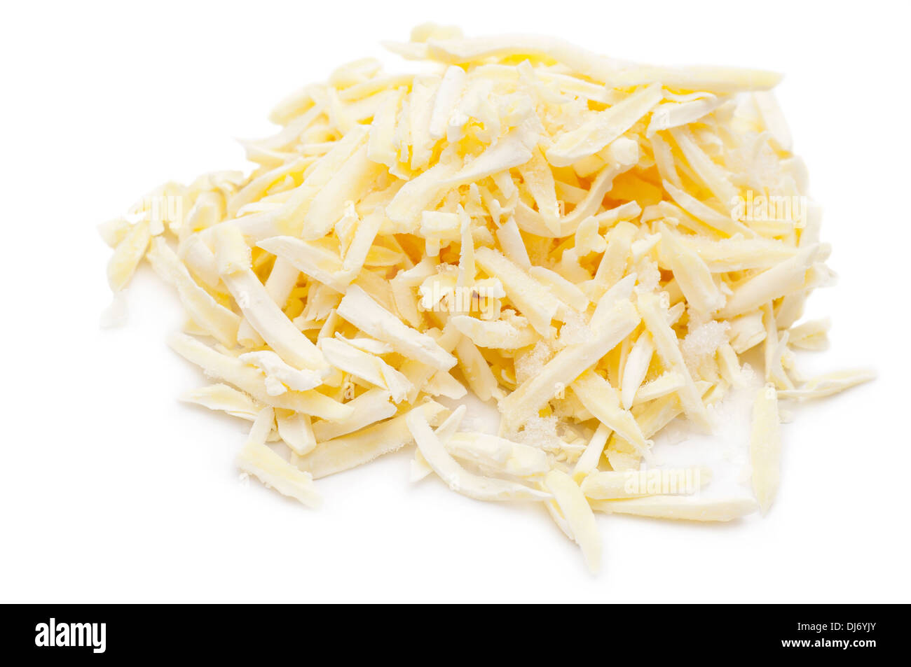 Frozen grated cheese on white background. Stock Photo