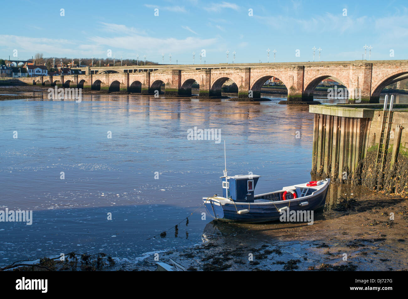 Berwick Old Bridge spanning the river Tweed in Northumberland England UK Stock Photo