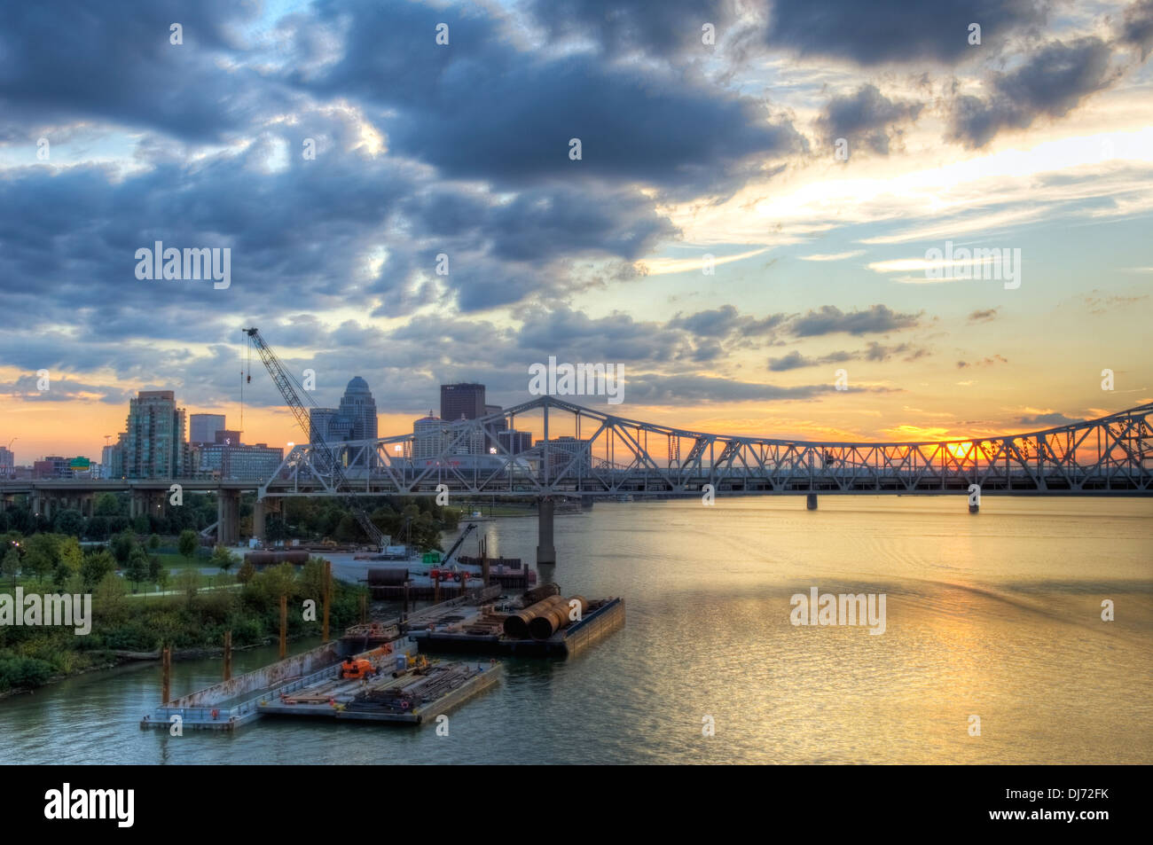 High Dynamic Range Image of the Louisville Kentucky and the Ohio River at Sunset Stock Photo