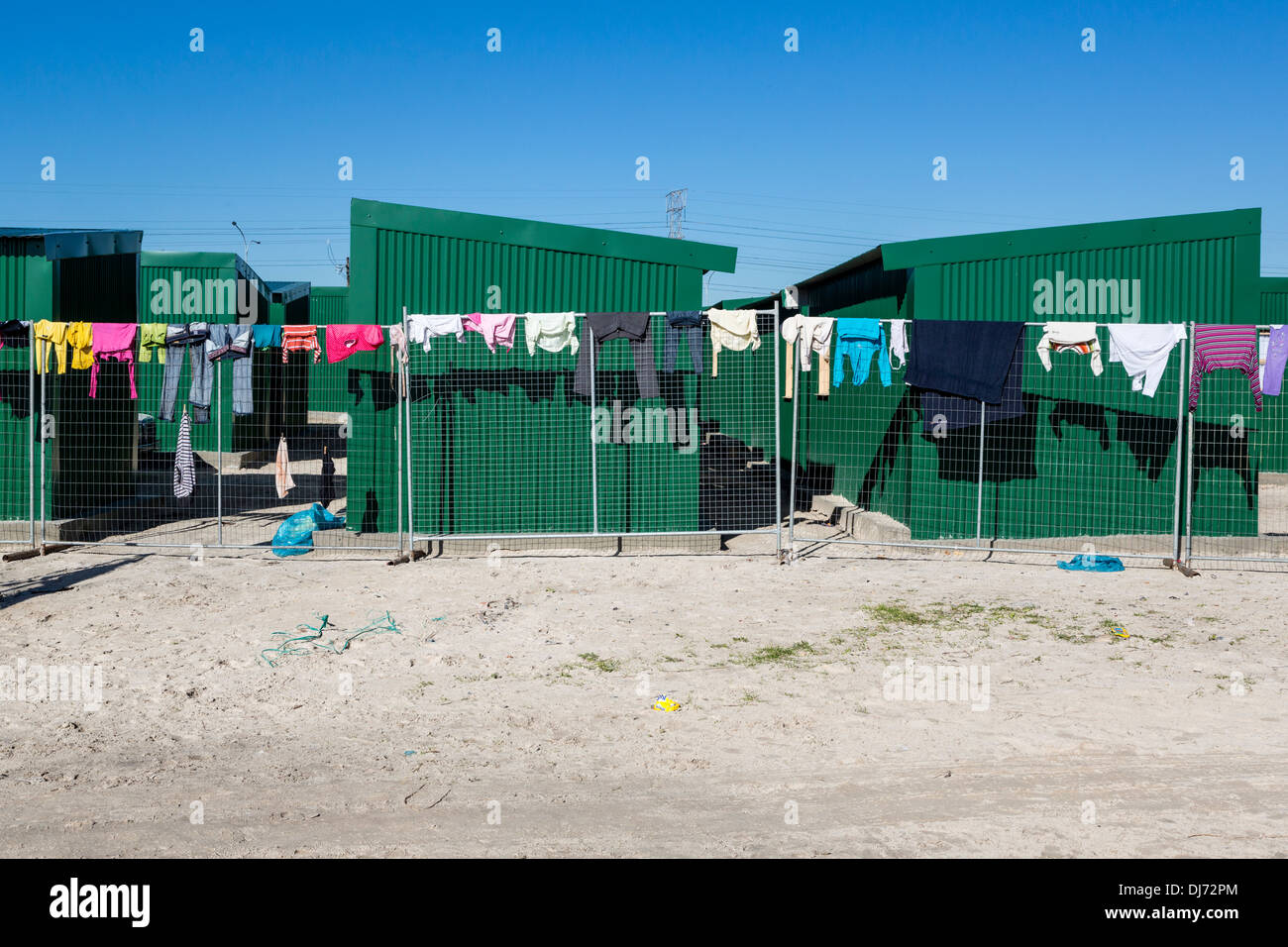 South Africa, Cape Town, Khayelitsha Township. Laundry Hanging outside New, one-room Houses. Stock Photo