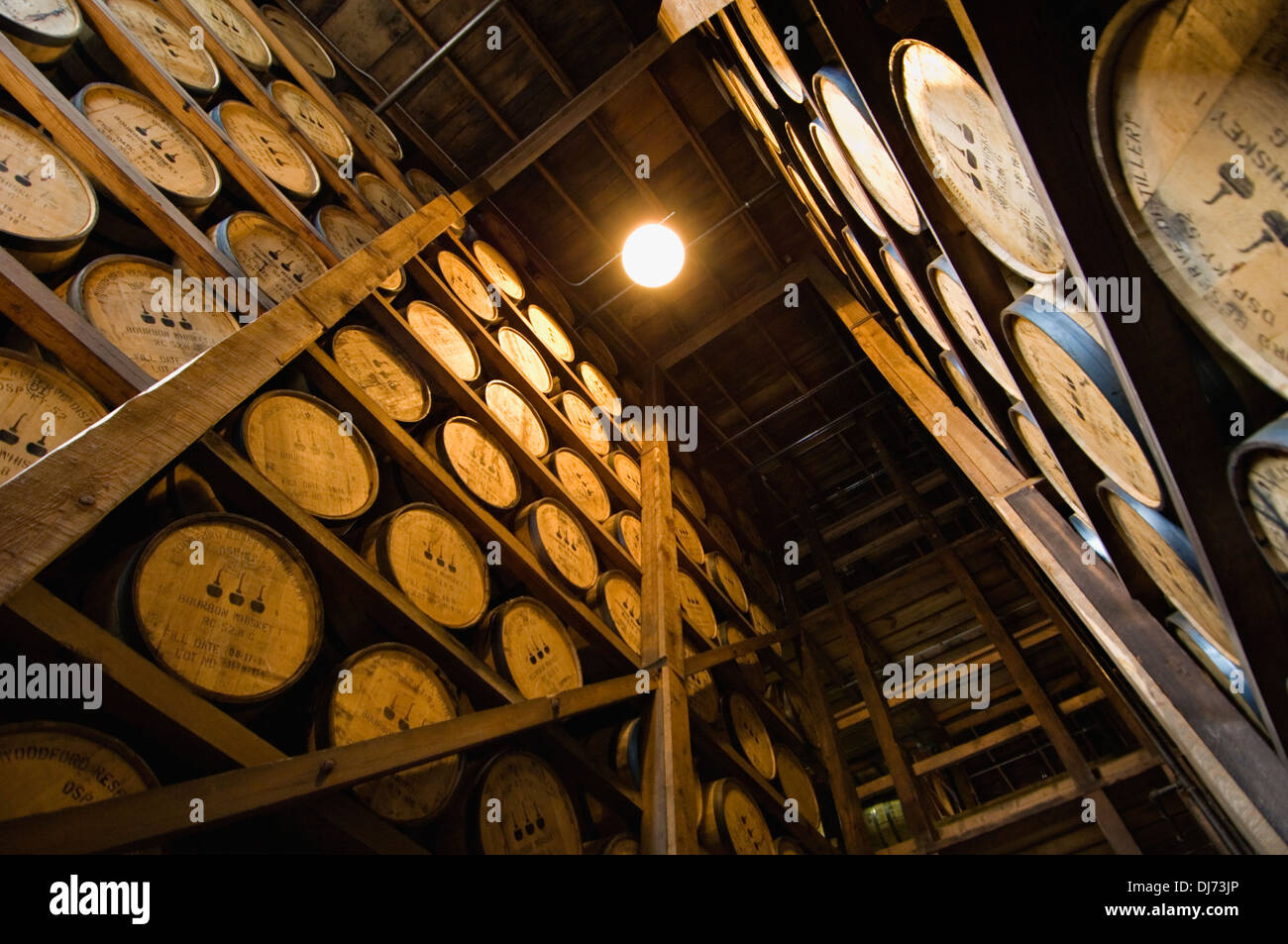 Barrels of Bourbon Aging in a Rick House at Woodford Reserve Distillery in Woodford County, Kentucky Stock Photo