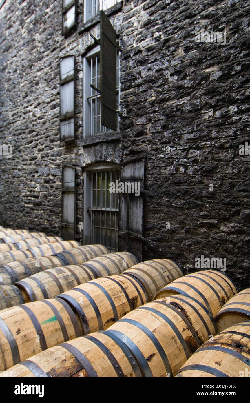 Old Bourbon Barrels Outside of a Rick House at Woodford Reserve Distillery in Woodford County, Kentucky Stock Photo