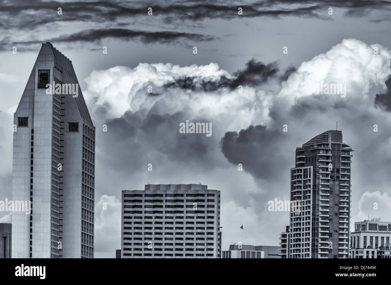 San Diego Skyline. Storm clouds in the background. Photographed from Coronado, California, USA. Stock Photo