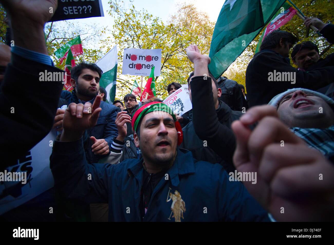London, UK, UK. 23rd Nov, 2013. Members and supporters of Pakistan Tehreek-e-Insaf marched from 10 Downing street to the US embassy in London demanding an end to the use of US drone strikes in Pakistan. Credit:  Gail Orenstein/ZUMAPRESS.com/Alamy Live News Stock Photo