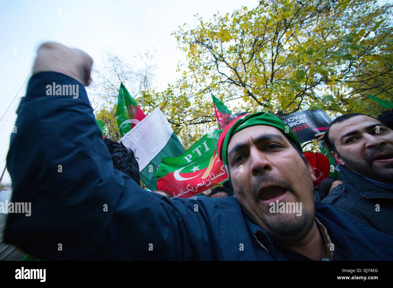 London, UK, UK. 23rd Nov, 2013. Members and supporters of Pakistan Tehreek-e-Insaf marched from 10 Downing street to the US embassy in London demanding an end to the use of US drone strikes in Pakistan. Credit:  Gail Orenstein/ZUMAPRESS.com/Alamy Live News Stock Photo