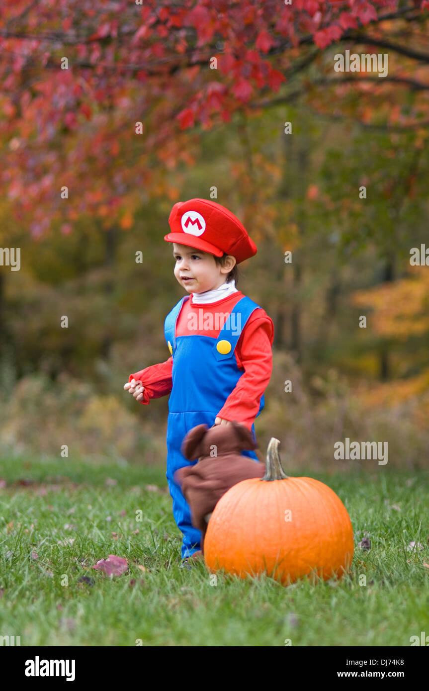 Toddler Dressed up as Mario for Halloween Stock Photo