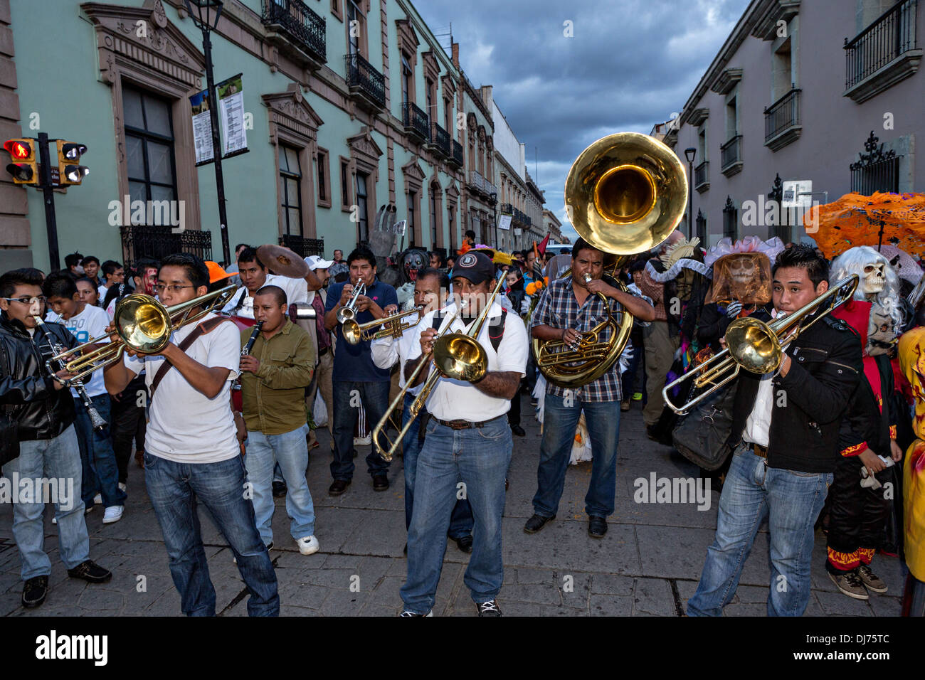 A Mexican brass band takes part in the Day of the Dead festival known in spanish as Día de Muertos in Oaxaca, Mexico. Stock Photo