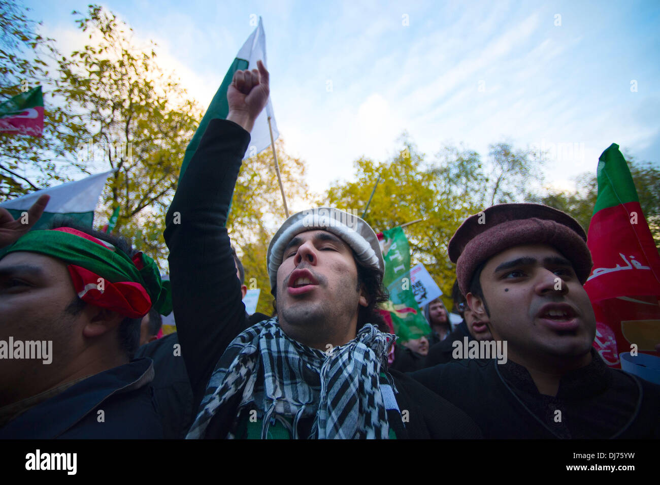 London, UK, UK. 23rd Nov, 2013. Members and supporters of Pakistan Tehreek-e-Insaf march from 10 Downing street to the US embassy in London demanding an end to the use of US drone strikes in Pakistan. Credit:  Gail Orenstein/ZUMAPRESS.com/Alamy Live News Stock Photo